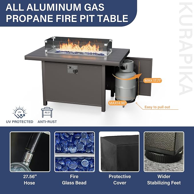 Kurapika Aluminum Patio Furniture Set 8-Seat Modern Metal Outdoor Conversation Sets w/45in Propane Fire Pit Table, Swivel Rocking Chairs Patio Sectional Sofa w/5.1 Inch Cushion, Sand