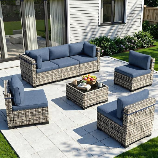 7-Piece Patio Furniture Set, Outdoor Sectional with Thick Cushions, Modular Patio Sofa, Dual-Strand Wicker Rattan, Rust-Resistant Frame, Backyard Furniture for Garden, Deck, Navy Blue