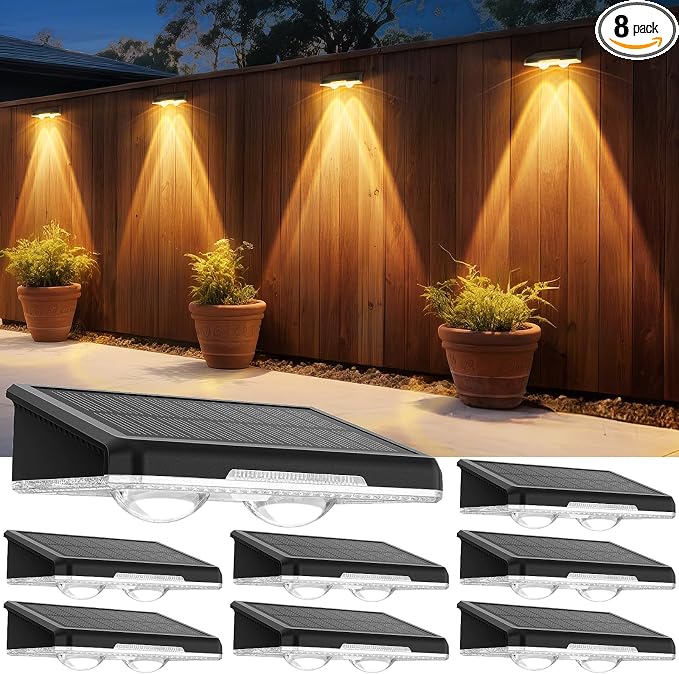 Solar Fence Lights Outdoor, 8 Pack, 3 Color Modes, IP65 Waterproof | Warm/Neutral/Cool White Fence Lights Solar Powered for Outside, Deck Lighting for Wall, Step, Patio, Pathway, Stairs