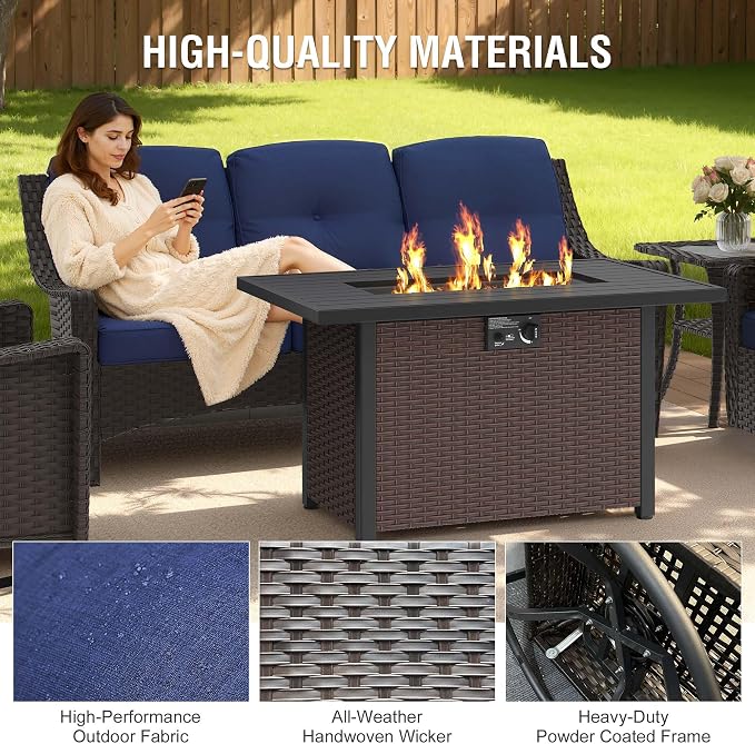 5-Piece Patio Furniture Set, Featuring a fire Pit Table, Rattan Swivel Chairs, Patio Sofa, and Side Table. Ideal for backyards, patios, and Poolside Areas.
