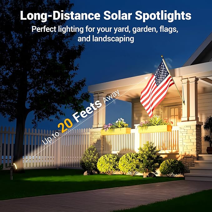 Solar Spot Lights Outdoor Waterproof IP65, Super Bright LEDs with Lens, 2 Lighting Modes, 2 in 1 Auto On/Off Solar Powered Spotlights for Outside Landscape Holiday Decor, 4 Pack, Warm White