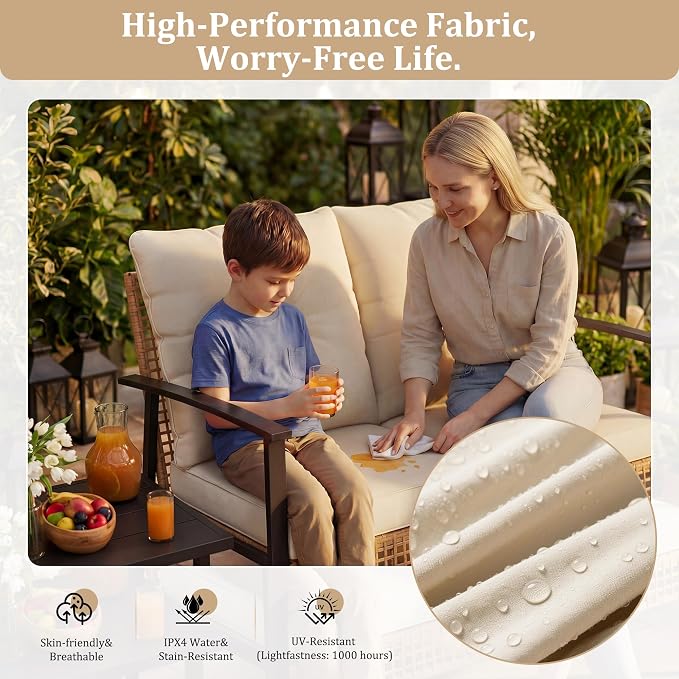 Deersky 4 Piece Outdoor Patio Furniture Set, Outdoor Rocking Chairs and Table, All-Weather Modern PE Wicker Rattan Patio Conversation Set for Porch Sunroom Deck and Yard, Cream White