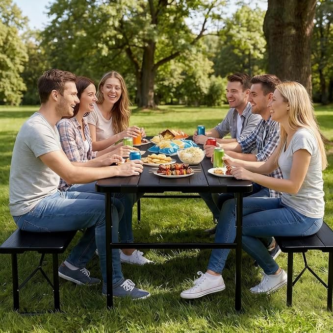 Picnic Table Set with 2 Benches, 5.8FT Portable Folding Picnic Table for Indoor Outdoor, Camping Patio Dining, Heavy Duty Metal Frame, Compact Carry for Backyard, Black