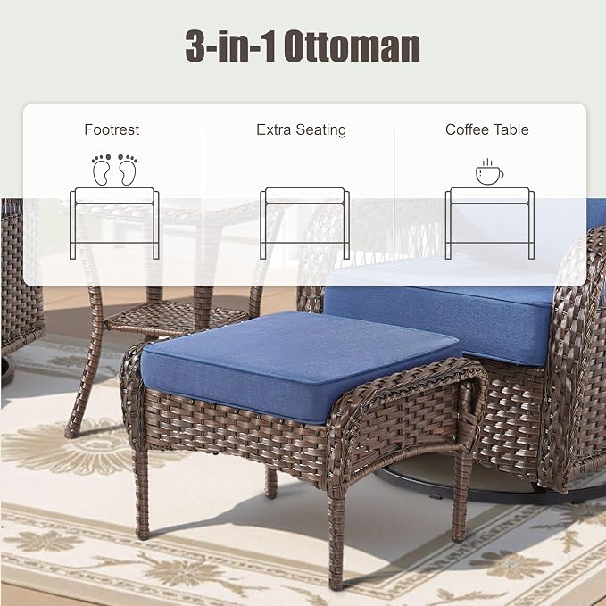 7 Pieces Patio Furniture Set Swivel Chairs, Wicker Swivel Rocker Patio Chairs Set of 4 Rattan 3 Seater Couch with Ottomans, Wicker Sofa Outdoor Furniture Set for Deck Porch Backyard, Blue
