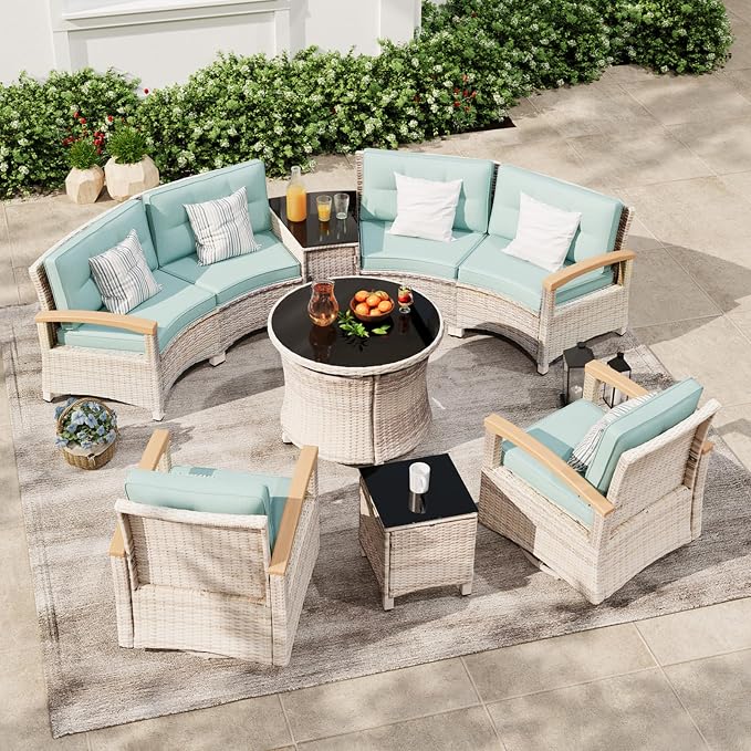 MEISSALIVVE 9-Piece Half-Moon Curved Outdoor Patio Furniture Set, Sectional Conversation Sofa with 2 Swivel Glide Chairs, Round Coffee Table for Backyard Deck Garden, Blue