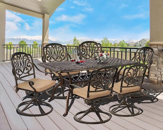 TITIMO 7-Piece Cast Aluminum Patio Dining Set, Outdoor Dining Furniture Patio Conversation Set, Rectangular Table w/Umbrella Hole for Backyard Deck (Khaki-Swivel Elizabeth Chair, 7 Pcs)
