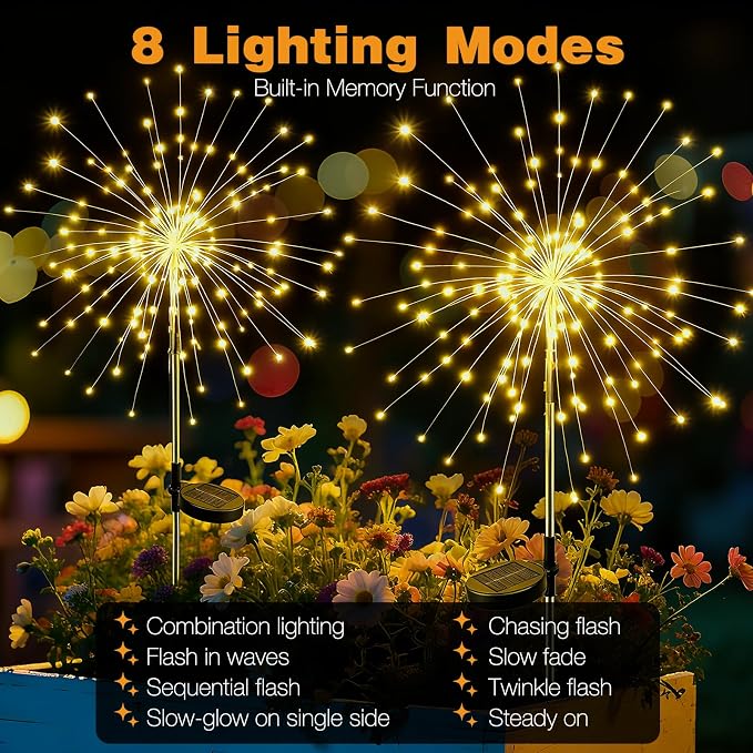 btfarm 1 Pack Solar Garden Lights Outdoor, 8 Modes Firework Lights Outside | 120LED, Waterproof Fairy Twinkle Light Solar Powered for Yard Christmas Pathway Lawn Pool Patio Decorative, Warm White