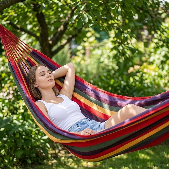 ANYOO Cotton Hammock Portable Camping Hammocks for Hanging Sturdy Garden Comfortable Fabric Hammock with Tree Straps Up to 660lbs with Travel Bag for Camping Outdoor/Indoor Patio Backyard