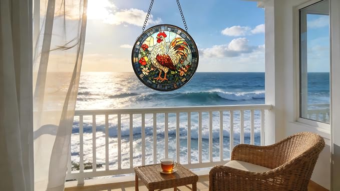 Stained Glass Window Hanging - The Golden Rooster Stared Ahead 6.3 Inches Suncatcher for Garden Home Decor for Women Mon Grandma Friends