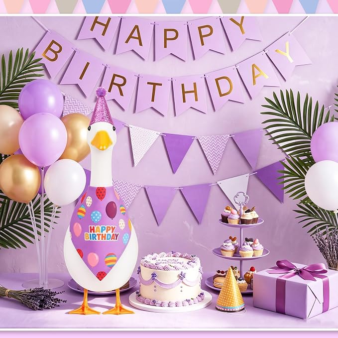 Happy Birthday Goose Outfit with Glitter Hat and Bandana,Purple | for 23" 17" Cement Plastic Porch Goose, Outdoor Statue Patio Yard Lawn Art
