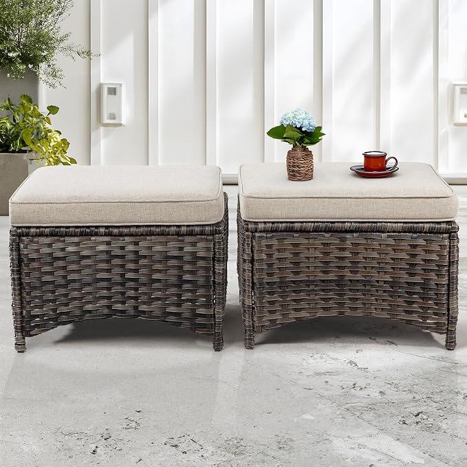 Wicker Patio Furniture Sets 8 Pieces with 3-Seat Sofa, 2 Swivel Rocking Armchairs, 2 Armchairs, 2 Ottoman and 1 Side Table Wicker Outdoor Furniture Sectional Conversation Set, Beige