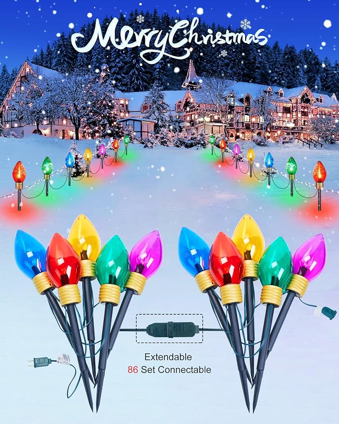 4Pack Jumbo C9 Christmas Pathway Lights Outdoor,Total 34FT C9 Walkway Light | 20 LED Multicolor Bulb Holiday Pathway Light with Marker Stake, Connectable Christmas Lights Outdoor Decoration for Lawn Yard