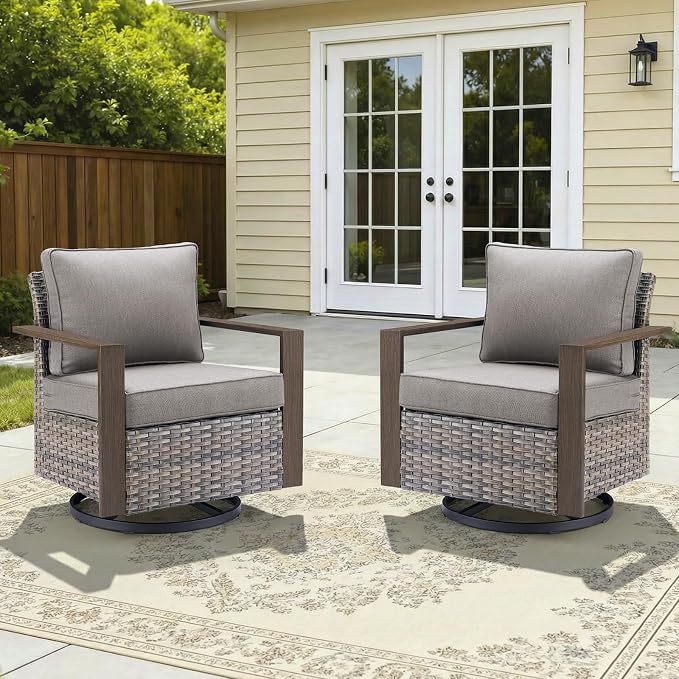 2PCS Outdoor Swivel Patio Chairs Set, All-Weather Wicker Swivel Rocker Chairs with High Back and Deep Seat, Patio Seating for Porch, Deck, Backyard and Poolside Grey/Grey Cushions