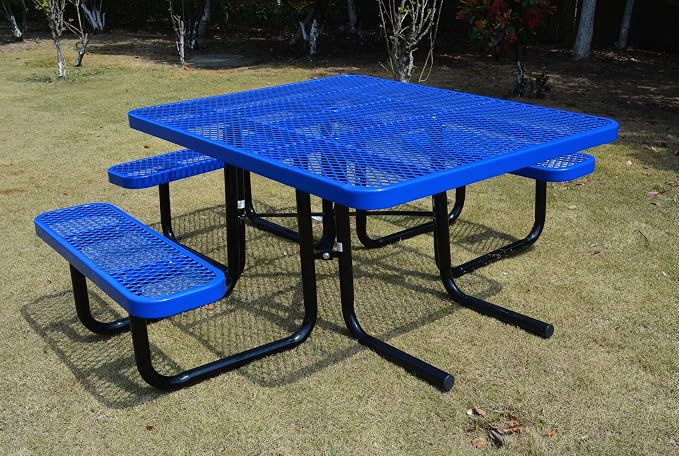 Heavy Duty ADA Outdoor Picnic Table, Expanded Metal, Wheelchair Accessible (Blue, 46 Square)
