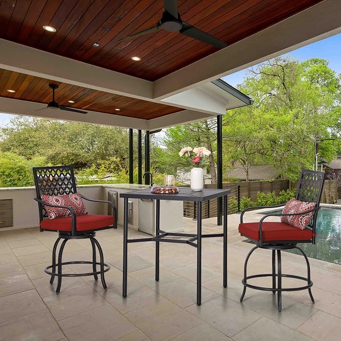 PHI VILLA Outdoor Bar Table 38" Height Patio Metal Bistro Dining Table Square with Umbrella Hole for Lawn Garden Backyard