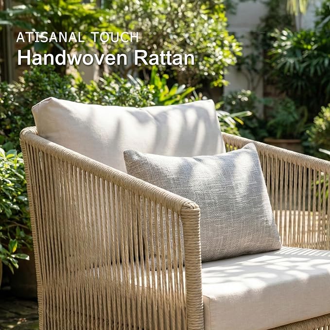 SUNSITT 4-Piece Wicker Patio Furniture Set, Outdoor Patio Conversation Set w/Swivel Chairs, Open Weave Wicker 3-Seater Couch Set w/Wood Top Side Coffee Table, Natural Color