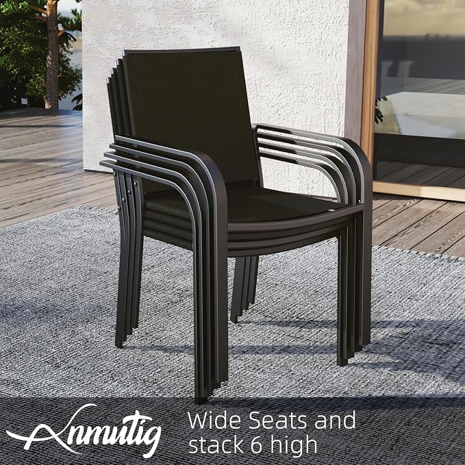 5 Piece Outdoor Black Stackable Chair and 35" Square Table Patio Dining Set | 4 Piece Stackable Chairs, Textilene Seat&Back, Metal Table, Slat Table Top, 4 Person Use, 1.57" Umbrella Hole, All Weather