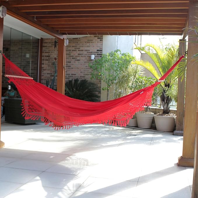 NOVICA Bright Red Cotton Fabric 1 Person Brazilian Hammock with Spreader Bars and Crochet Fringe, 'Tropical Red' (Single)