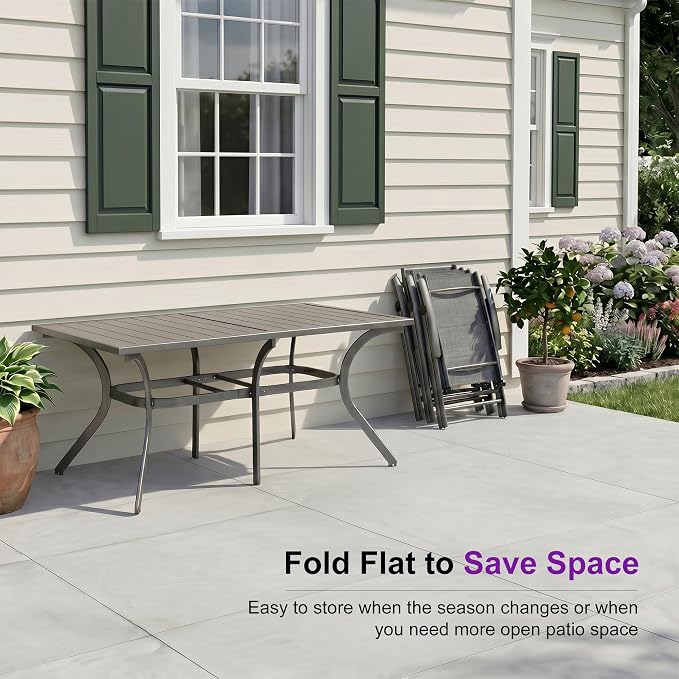 PURPLE LEAF Outdoor Dining Set for 6 Folding Patio Dining Set with Aluminum Rectangular Table and Padded Chairs All Weather Dining Table Sets for Garden Backyard Poolside, Grey