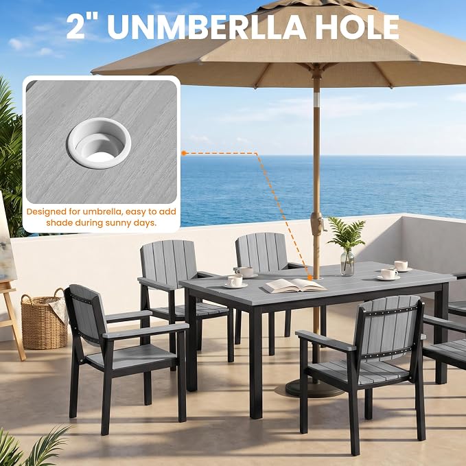 Outdoor Dining Sets Patio Table and Chairs Set 7-Piece, Aluminum Frame HDPS Faux Wood, All Weather Patio Dining Set with Umbrella Hole for Garden Backyard Poolside Grey