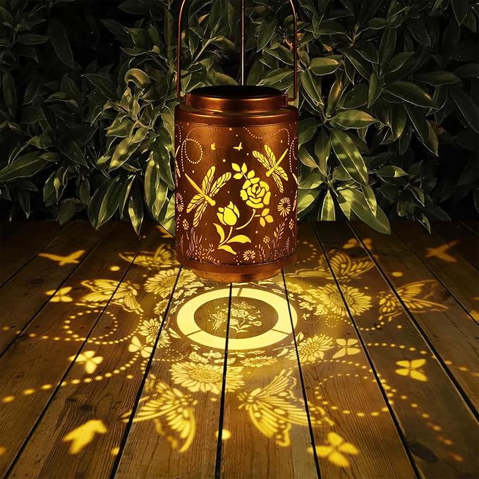 2 Pack Dragonfly Solar Lanterns Garden Decor Birthday Gifts for Women | Gifts for Mon Grandma Metal Hanging Solar Lights Outdoor Waterproof Decoration for Outside LED Lanterns for Yard