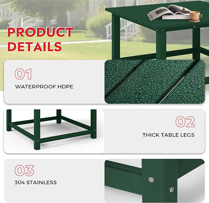 Costaelm Patio Conversation Set, 5 piece Balcony Furniture, Small Patio Firepit Furniture Outdoor Adirondack Square Coffee Table and Chair for Backyard Lawn Porch Pool Garden, Dark Green