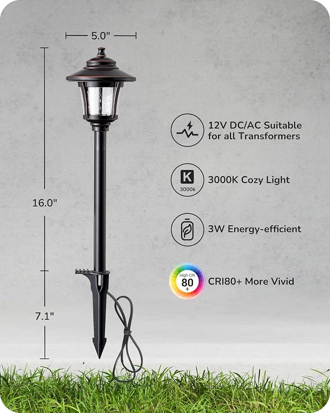 EDISHINE Low Voltage Landscape Lighting 12V 3W 120LM with Connectors 4 Pack | 3000K, Seed Glass, ORB Waterproof Electric LED Pathway Light Wired for Walkway Garden Yard