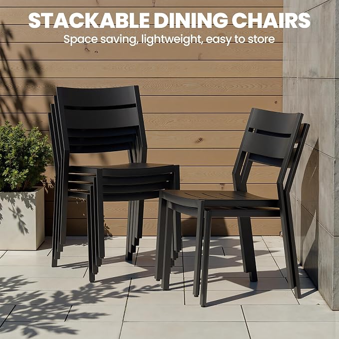 Aluminum Outdoor Dining Set for 8 with Stackable Armless Chairs | 82" Large Rectangular Patio Table Rust Proof Outdoor Furniture with Umbrella Hole for Lawn Garden Deck