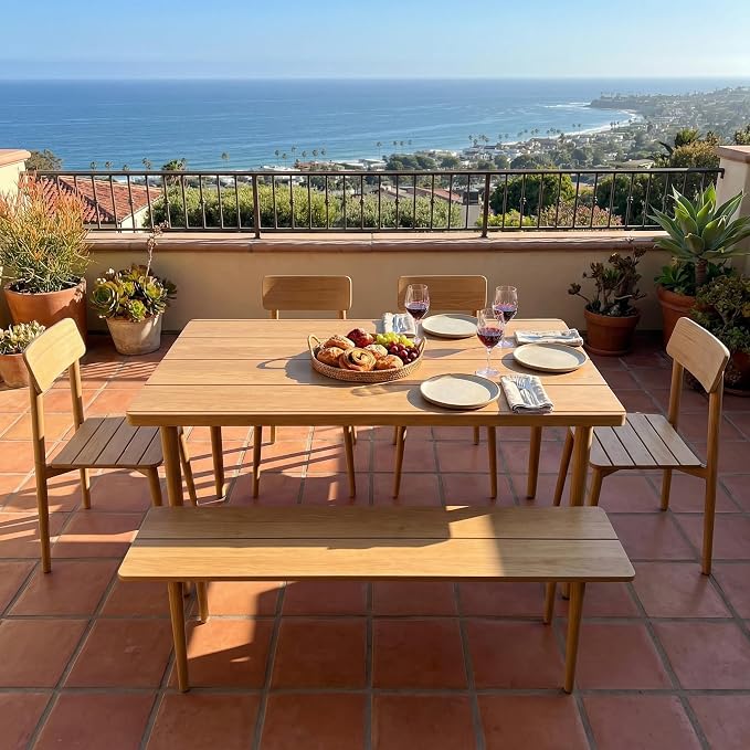 Acanva 6-Piece Aluminum Outdoor Dining Set with Bench, Brown | All-Weather Patio Table and Chairs Set for 6 Person, Slatted Tabletop, for Backyard Deck Garden Poolside