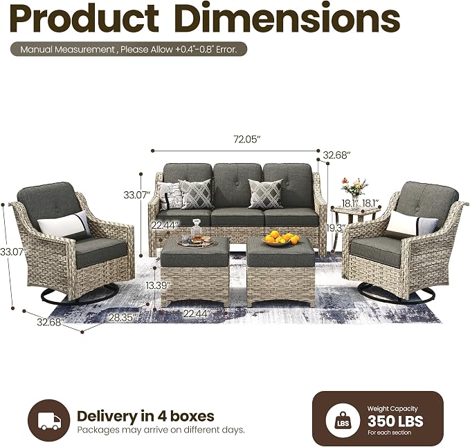 6 Piece Patio Furniture Set with Swivel Rocker Chairs, Outdoor Wicker High Back Sofa Glider Chair Ottoman with Cushion, All Weather Conversation Sets for Backyard Poolside Deck, Black
