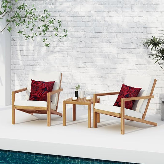 Christopher Knight Home Leah 2-Seater Acacia Wood Outdoor Patio Furniture Set, Outdoor Conversation Chat Set with Cushion, Adirondack Chairs Set of 2 + Side Table Set for Backyard Balcony, Teak+Beige