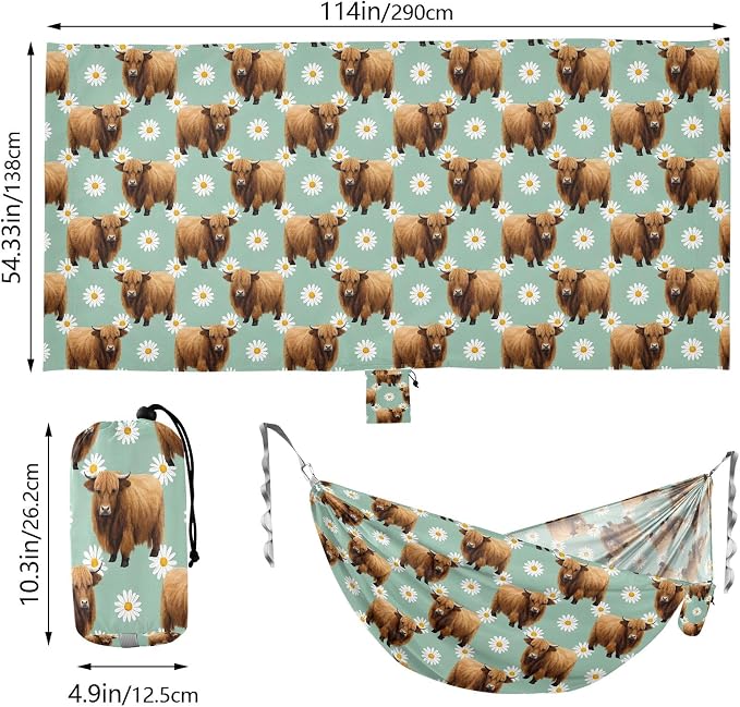 Camping Hammock Outdoor Hammocks for Outside Cow Bison Daisy Flowers Beach Trees Portable Lightweight with Pockets Tree Straps Indoor