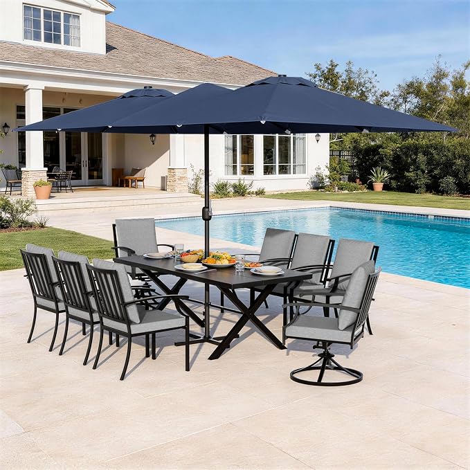 10 Piece Outdoor Dining Set for 8, Patio Table and Chairs Set with Umbrella, Metal Patio Furniture Set with 2 Swivel Chairs, Outdoor Table and Chairs with Cushions for Lawn, Garden, Yard-Grey