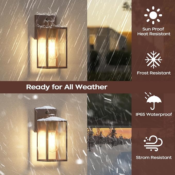 Dusk to Dawn Exterior Lighting Fixtures, Outdoor Porch Light Wall Sconce | 10.65 inch, Anti-Rust Metal Frame, Tempered Glass, E26 Base, Waterproof, Sensor Wall Lantern for Patio, Garage, Entryway