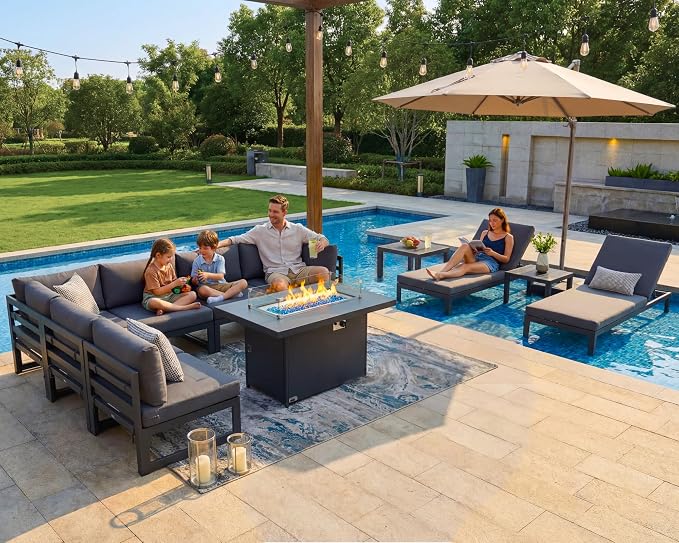 NICESOUL Aluminum Patio Furniture Set with Chaise Lounge & Firepit, 11 Piece Large Modular Outdoor Sectional Couch, 29" Deep Wide Seating, 500 lbs Heavy Duty Conversation Sofa for Deck, Dark Gray