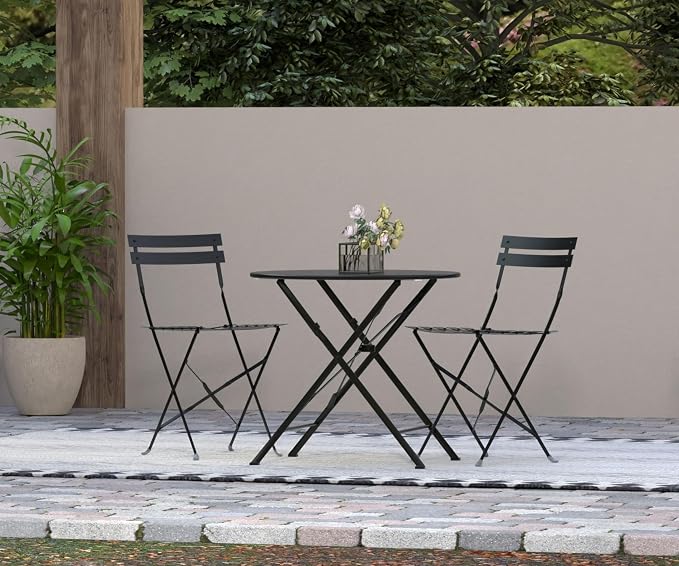 Carolina Chair & Table Round Folding Outdoor Bistro Table with 2" Umbrella Hole - Space Saving Fold Flat Design, Powder Coated Steel Patio Dining Table - Weather Resistant Garden Furniture(Black,36")