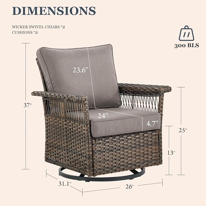 Patio Furniture Set 2 Wicker Swivel Glider Chairs with 2 PE Rattan Ottomans Brown Wicker Grey Cushions Patio Conversation Set 4pcs for Garden Balcony Sunroom Backyard