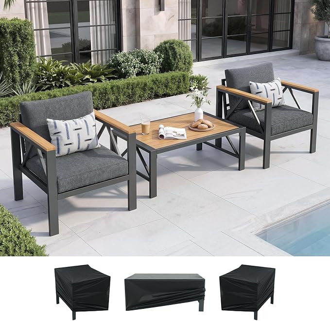 INGEROOM 3 Piece Aluminum Outdoor Patio Furniture Set with Waterproof Cover, 2 Chairs & Coffee Table, Metal Patio Conversation Set for Porch, Balcony, Deck, Dark Gray