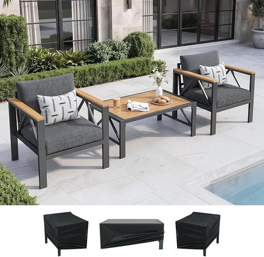 INGEROOM 3 Piece Aluminum Outdoor Patio Furniture Set with Waterproof Cover, 2 Chairs & Coffee Table, Metal Patio Conversation Set for Porch, Balcony, Deck, Dark Gray