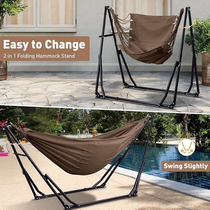 Ainfox Hammock with Foldable Stand, 2 in 1 Hammock and Swinging Chair with Carrying Bag, Portable Camping Chair Suitable for Outside, Swing,Patio,Garden,Camping Trip Coffee