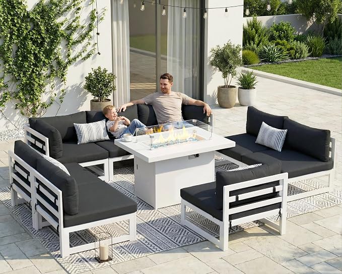 NICESOUL 9 Piece Modern Aluminum Patio Furniture Set with Fire Pit Table, 500 lbs Heavy Duty Outdoor Sectional Sofa, 29" Deep Wide Oversized Seating Conversation Couch for Garden Exterior, Dark Gray