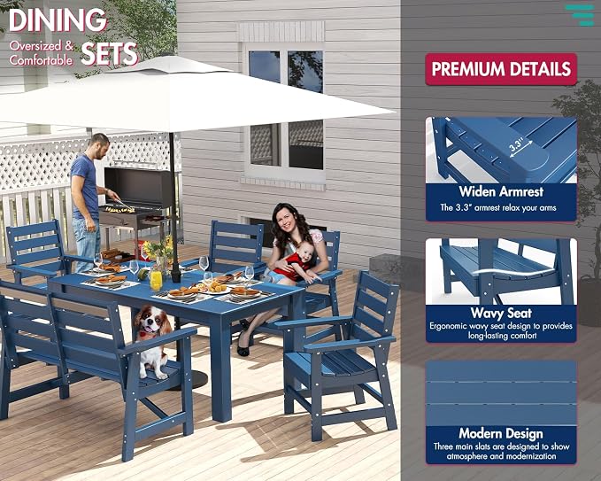 BRIOPAWS Outdoor-Dining-Table-Set | 4 Piece | HDPE | 1 Bench and 2 Chairs Sets for 4 | Patio Dinner Furniture | All Weather | Umbrella Hole | for Poolside Deck Backyard Outdoors | Blue