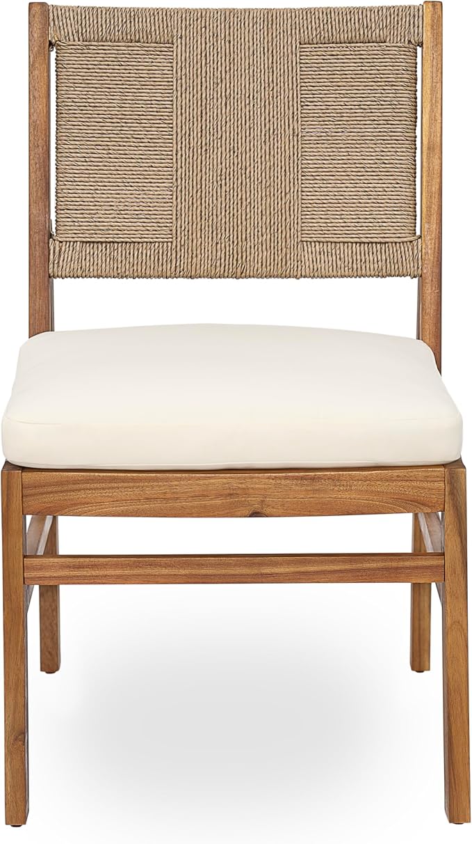 Christopher Knight Home 5 Piece Outdoor Dining Set Acacia Wood Square Table and 4 Light Brown Wicker Chairs with Cream Cushions Teak Finish Patio Furniture Set for Garden Backyard Balcony