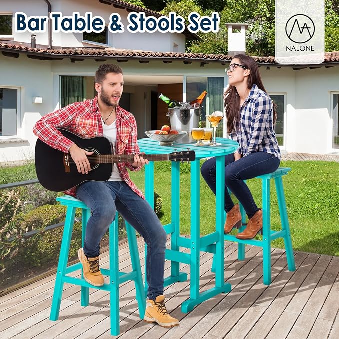 nalone Outdoor Bar Table and Chairs Set, HDPE Bar Table with Bar Stools Set of 2, Patio Table Pub Height Dining Table for Deck, Porch, Backyard, Garden