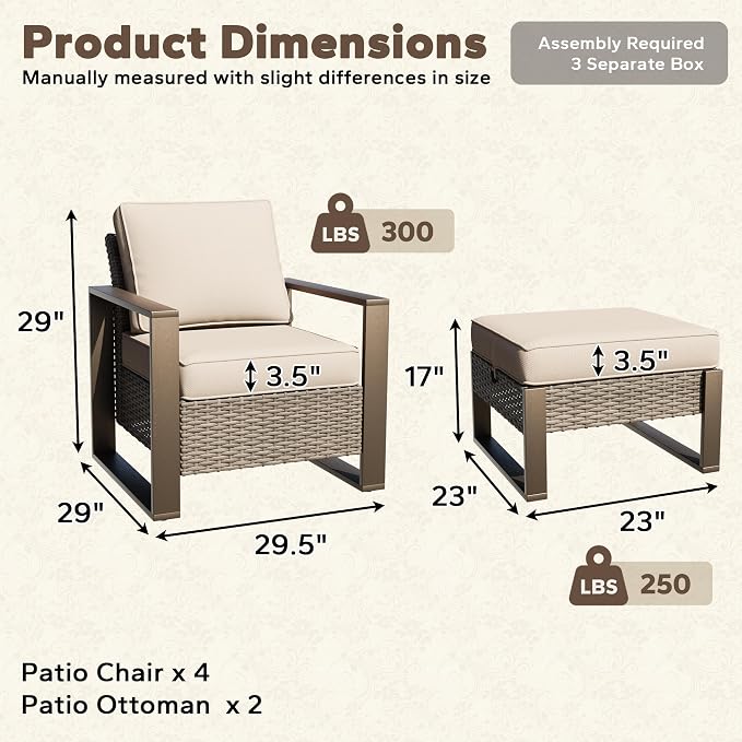 6 Pieces Metal Wicker Patio Furniture Set - Four Armchairs and Two Ottomans, All Weather Rattan Outdoor Conversation Furniture with Washable Cushion for Deck Porch, Beige