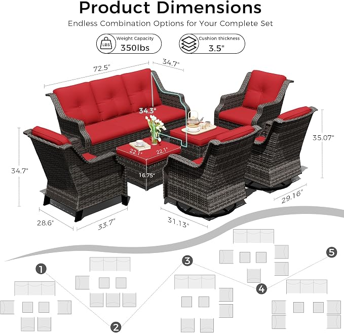 Outdoor Patio Furniture Set, 7 Piece Wicker Patio Furniture with Thick Cushions, Curved Armrest, Deep Seating, Outdoor Swivel Rocker Chairs for Porch, Deck, Balcony