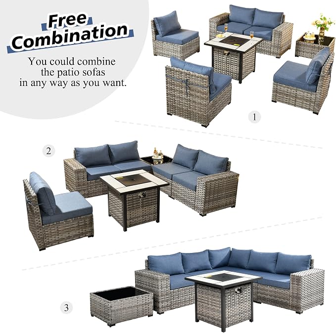 HOOOWOOO Outdoor Patio Sectional Furniture Sofa Set with Propane Gas Fire Pit Table,7 Piece Small Modern Wicker Couch with Widened Armrest,Modular Conversation Seating Set for Out Door(Denim Blue)