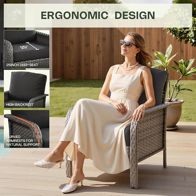 4-Piece Patio Furniture Set, Outdoor Wicker Furniture with Coffee Table, All Weather High Back Loveseat Patio Chairs, Modern Rattan Outdoor Chairs Conversation Set for Porch, Balcony, Garden,Black
