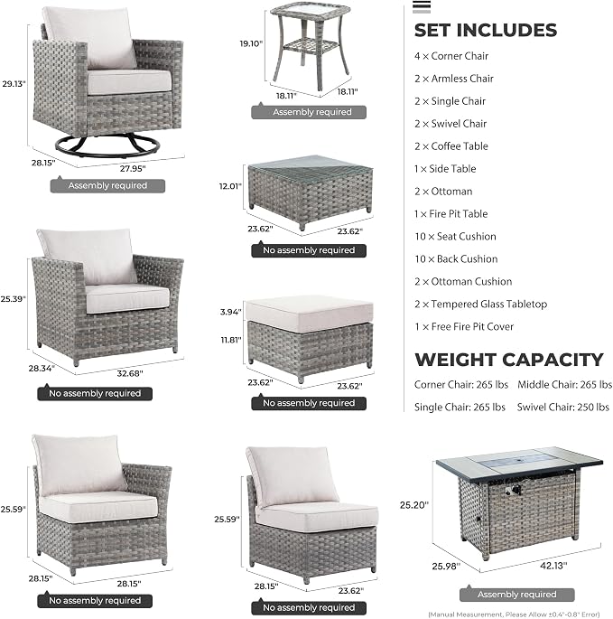 CAODOC 16 Pieces Patio Furniture Conversation Set with 42" Fire Pit Table Rocking Chair Outdoor Sectional Gray Wicker Sofa Set