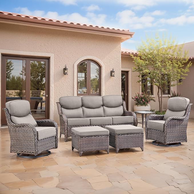 Swivel Patio Chairs Sofa Set of 6-6" Thick Cushion - Wicker Outdoor Swivel Rocker Patio Chair,Sofa/Side Table, High Back Comfortable Outdoor Glider Chairs - Brown Wicker Grey Cushions